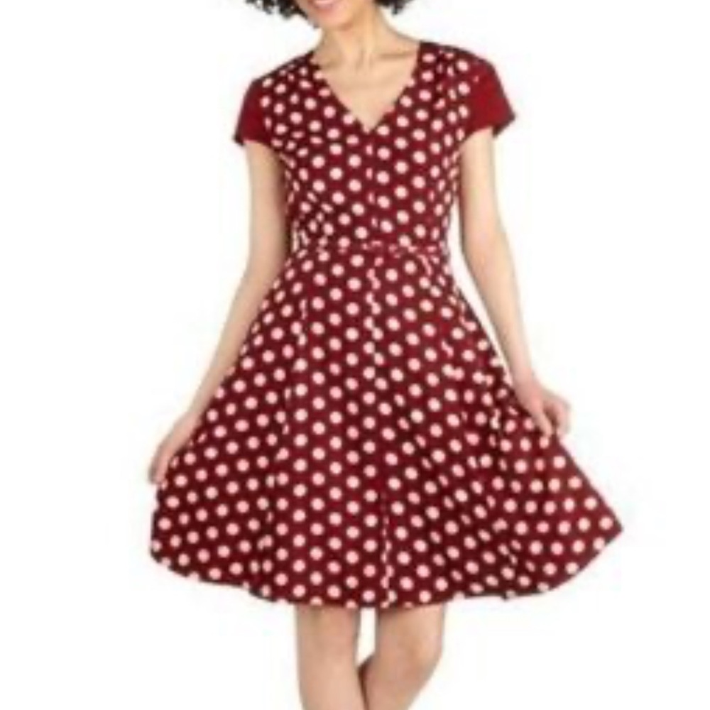 Modcloth Myrtlewood V-Neck Polka Dot Midi Dress - Burgundy and White